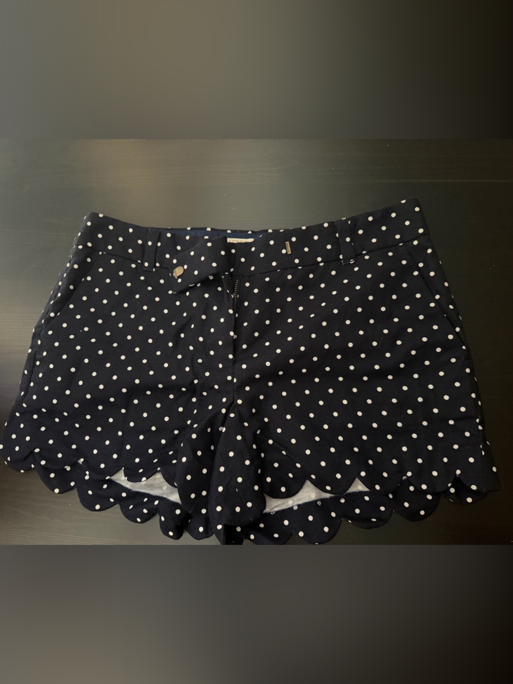 J. Crew Navy Polka Dot Scalloped Hem Shorts